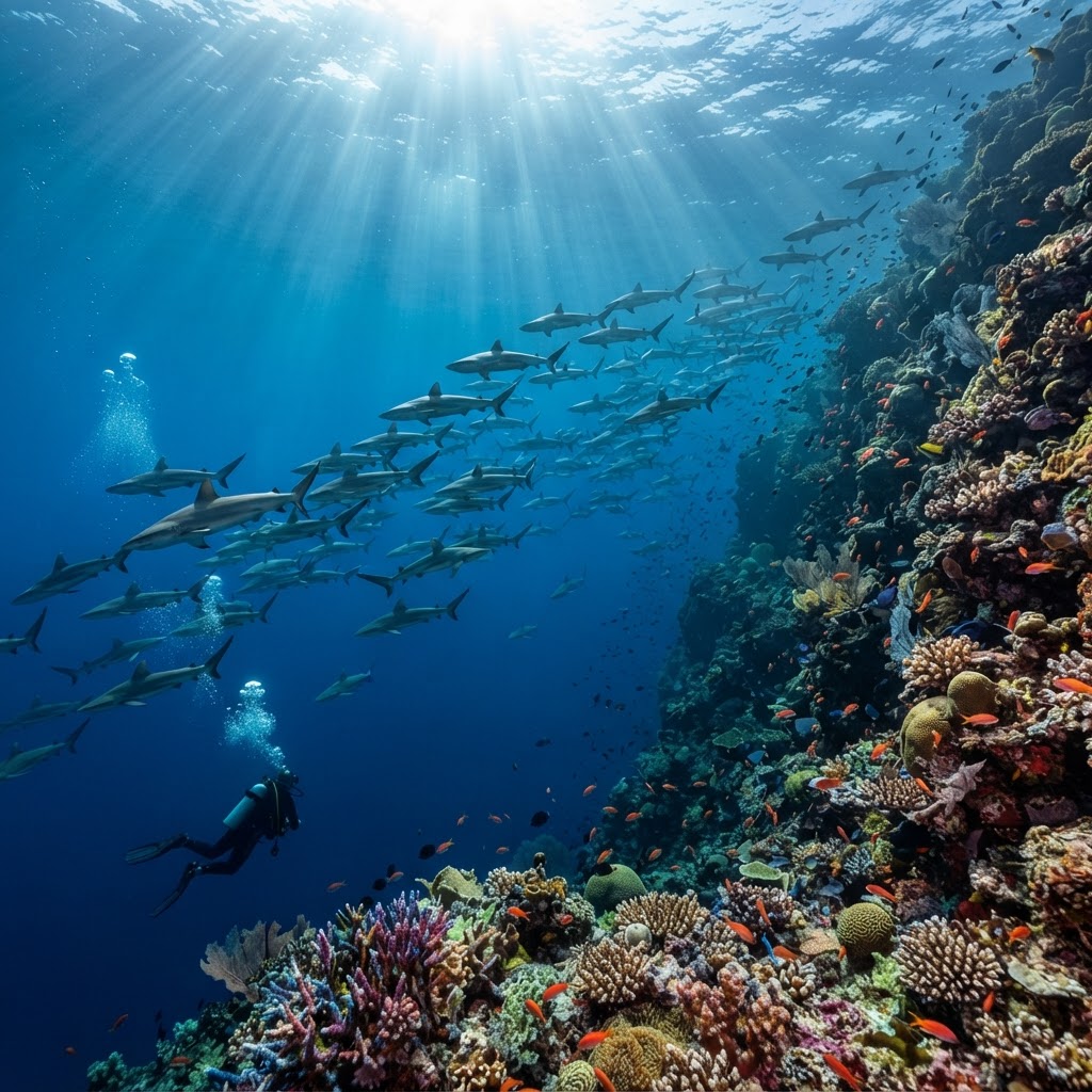 Tuamotu pass coral wall