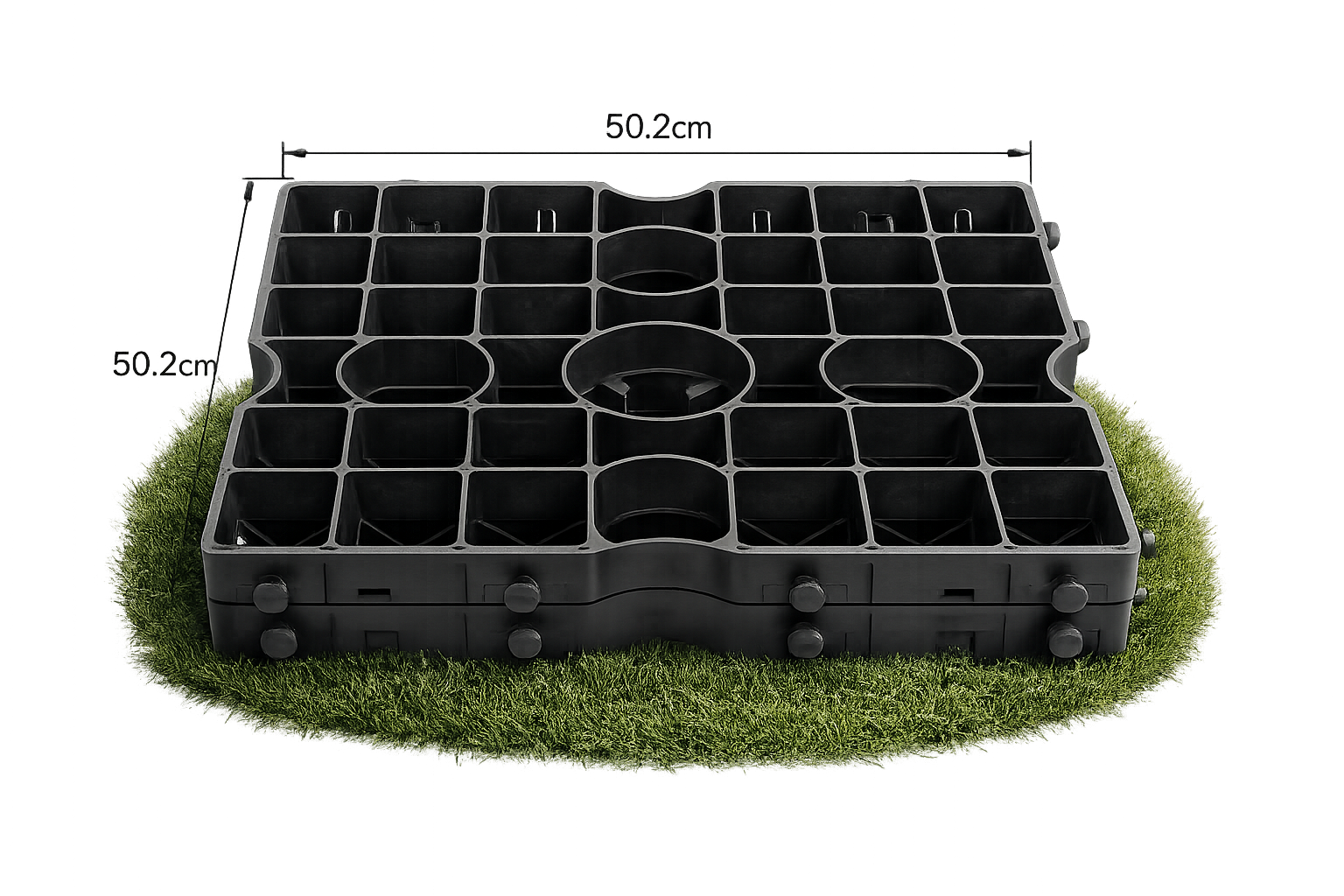Dalle gazon PLATEX — dimensions 500×500×40 mm, 48 alvéoles