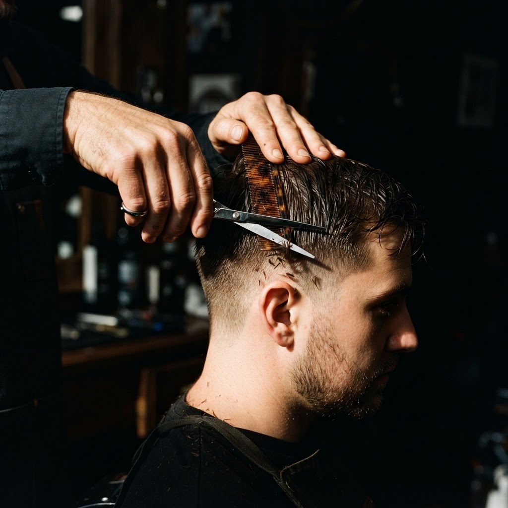 Scissor cut hairstyle at Flemington Barbershop - textured men's haircut near me