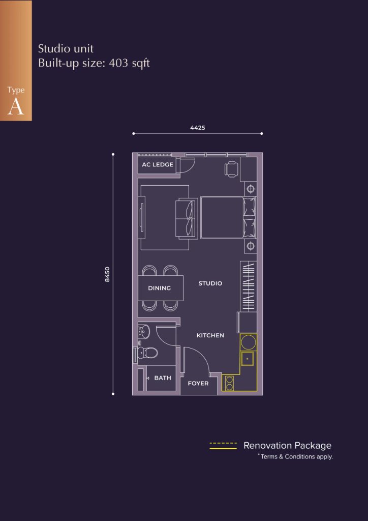 M Grand Minori Type A Studio floor plan, 403 sq.ft. Studio