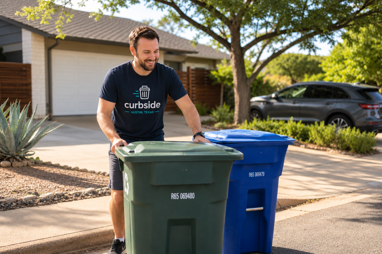 Pristine curb with clean bins at a modern Austin home at golden hour