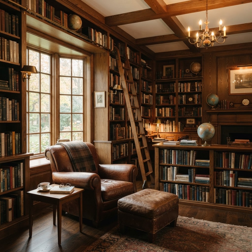 Biblioteca pessoal sofisticada com estantes de madeira