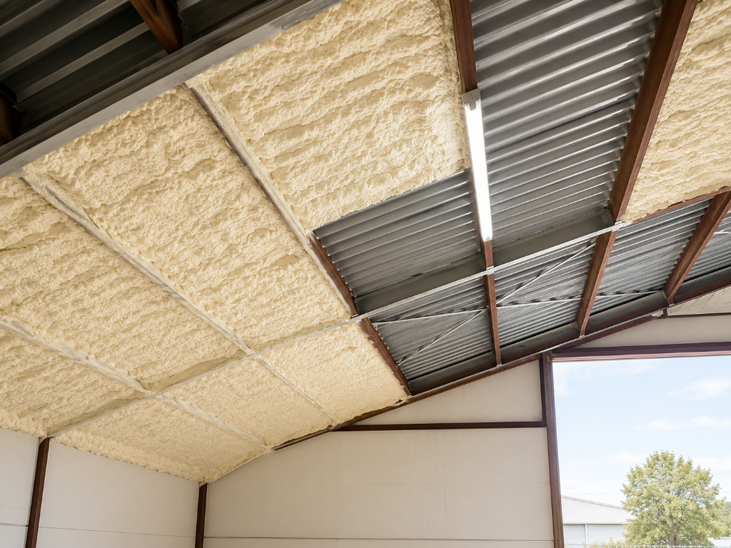 Isolation d'un garage résidentiel en mousse polyuréthane projetée sur les murs et la toiture