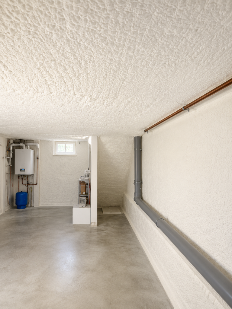 Isolation d'une cave résidentielle en mousse polyuréthane projetée au plafond et sur les murs