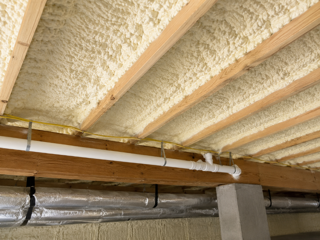 Isolation d'un vide sanitaire résidentiel par projection de mousse polyuréthane sous le plancher