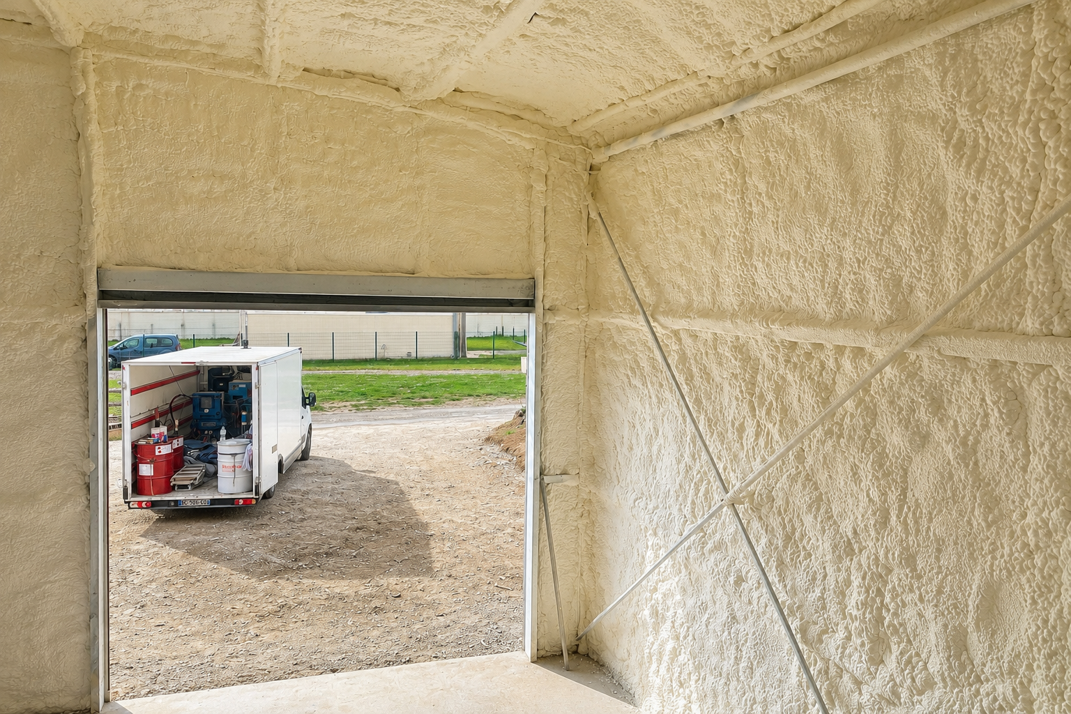 Isolation d'un plafond de garage par mousse polyuréthane projetée