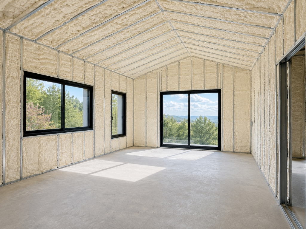 Isolation des murs d'une maison individuelle en mousse polyuréthane projetée entre ossature métallique