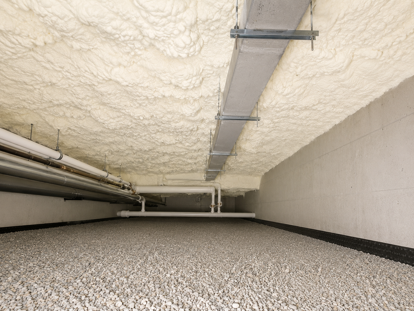 Isolation d'un plafond de cave par mousse polyuréthane projetée