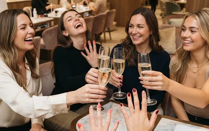 Four friends celebrating manicures and bubbles together