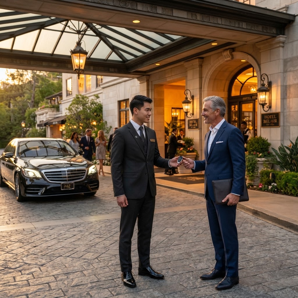 Valet attendant handing keys to a guest at a luxury hotel porte-cochère