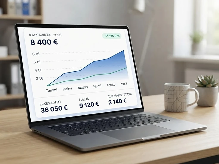 Kassavirtakaavio suomeksi euroina — liikevaihto, tulos ja ALV