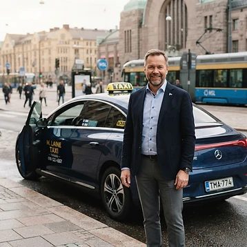 Taksiyrittäjä autonsa vieressä