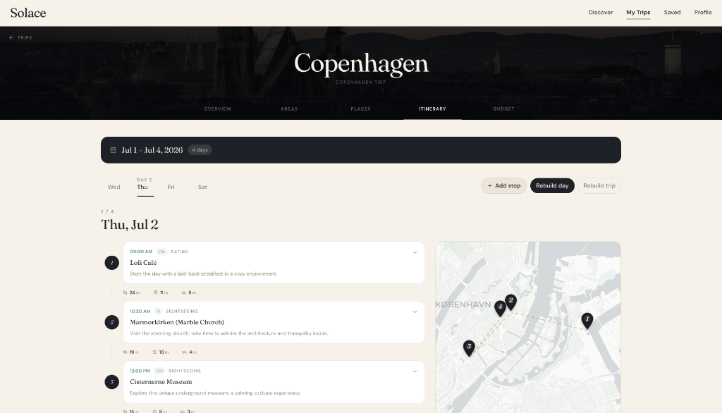 Copenhagen itinerary view with a day timeline, transit icons, and an interactive map