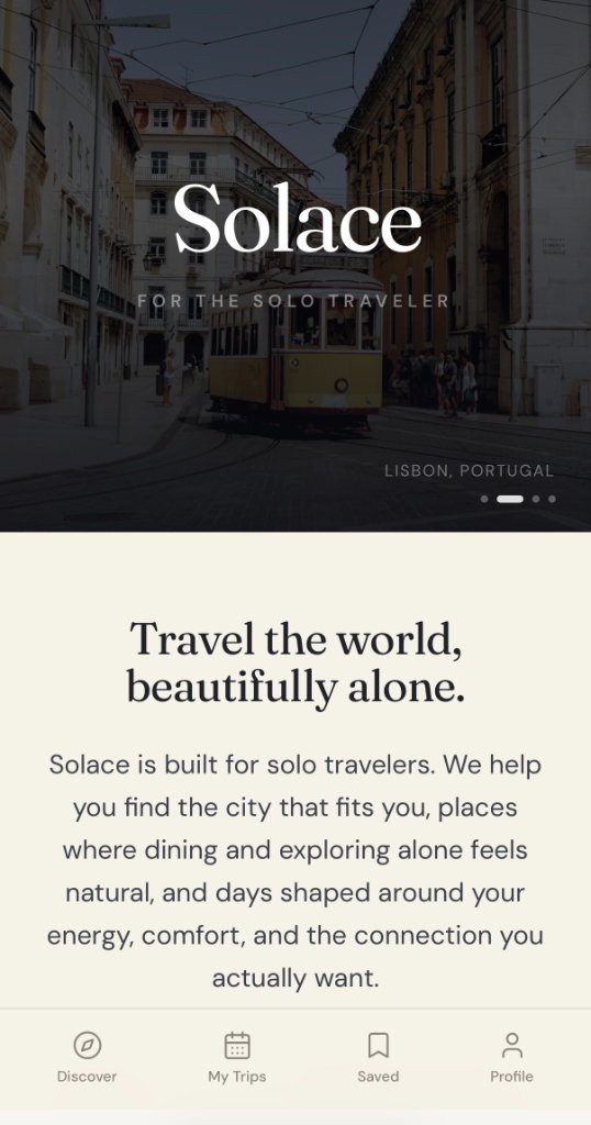 Solace mobile app landing screen with a Lisbon tram hero, the headline 'Travel the world, beautifully alone,' and bottom navigation