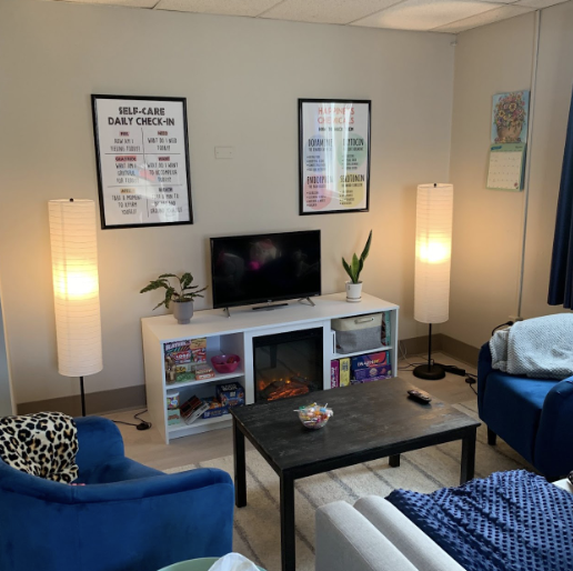 Cozy therapy office with two chairs facing each other