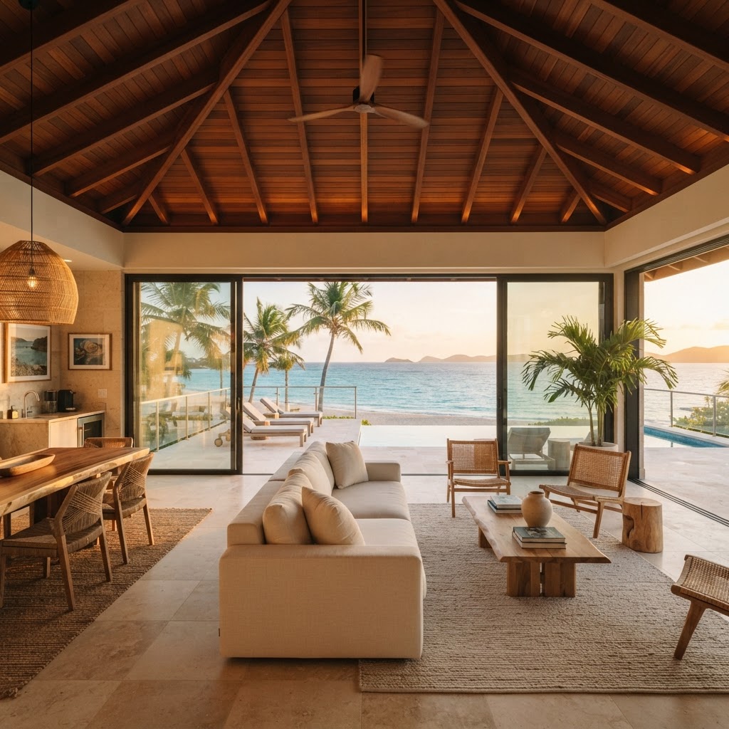 Modern architectural interior with golden hour light