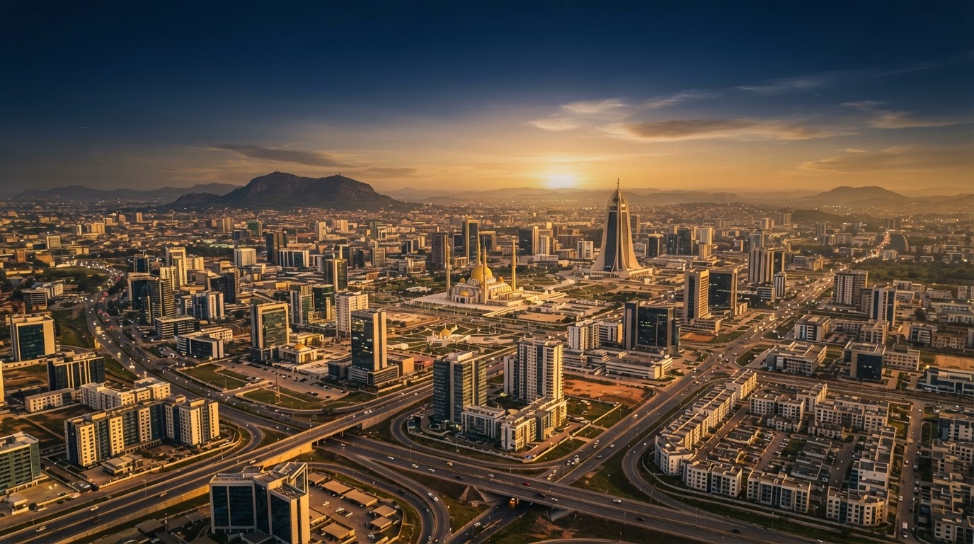 Aerial view of modern African cityscape at golden hour
