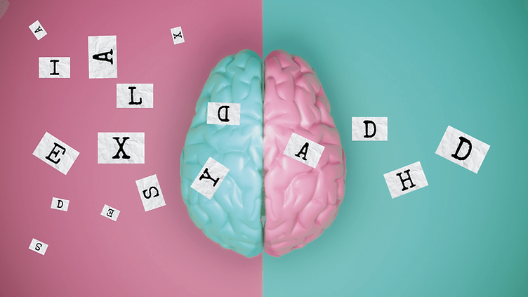 A brain split into pink and cyan halves surrounded by scattered paper letters