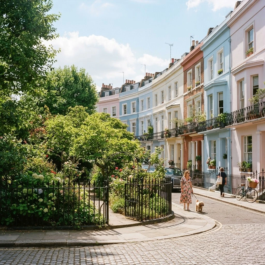 Notting Hill with colourful Victorian terraces and a leafy garden square in bright natural daylight