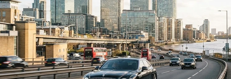Black executive saloon on a highway approaching Docklands with modern glass towers on the horizon in bright natural daylight
