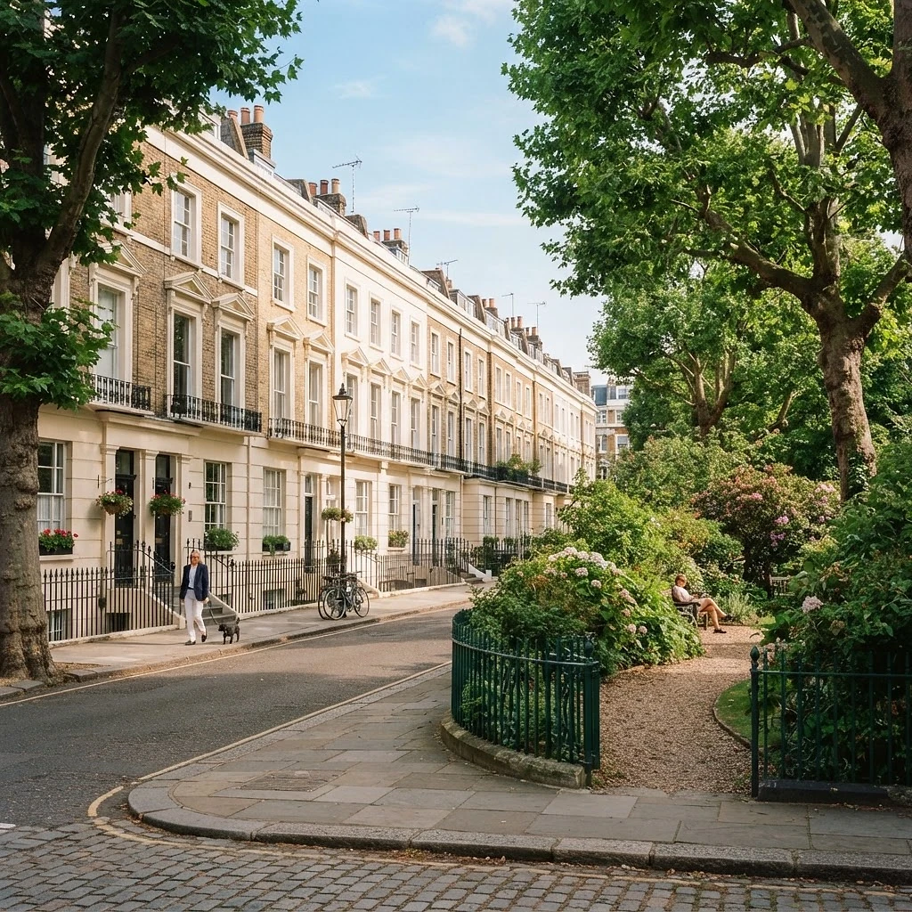 Fulham with elegant Victorian terraces and garden squares in bright natural daylight