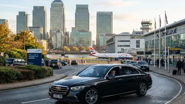 Black chauffeur-driven Mercedes approaching London City Airport with the Canary Wharf skyline in the background