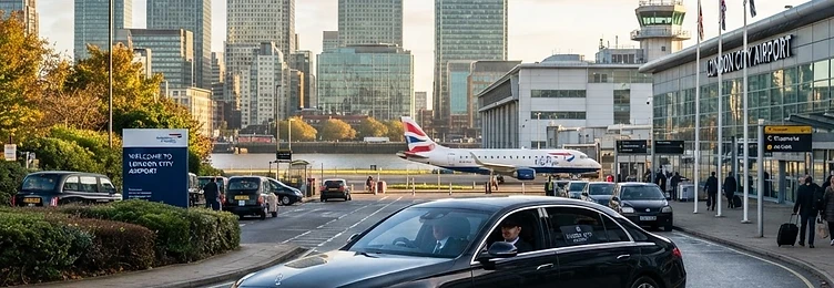 Black chauffeur-driven Mercedes approaching London City Airport with the Canary Wharf skyline in the background