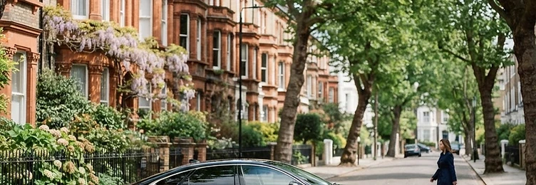 Black executive saloon on a residential avenue with Victorian terraces and mature trees in bright natural daylight