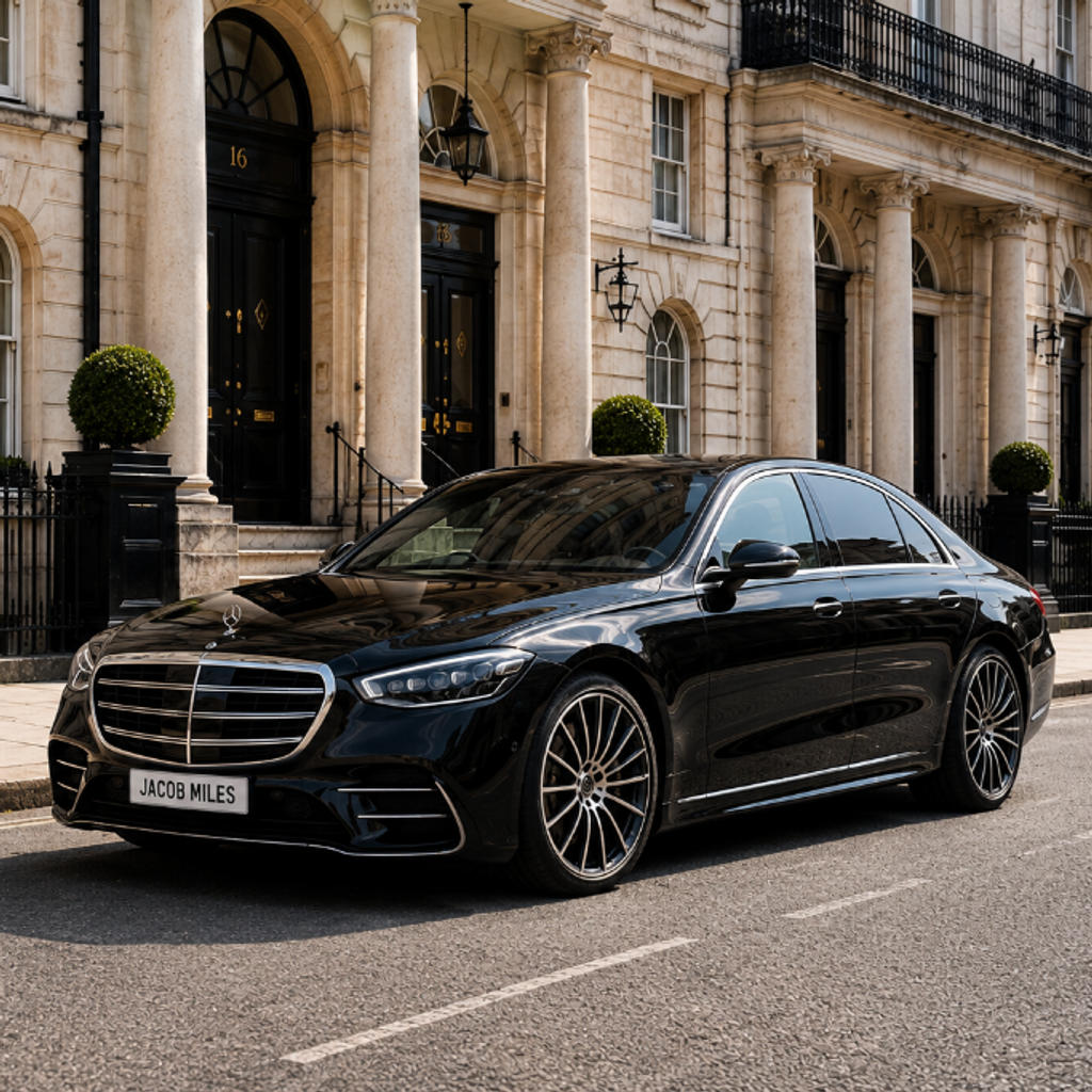 Black Mercedes S-Class executive saloon with JACOB MILES number plate parked before a grand classical stone building with arched windows and columns