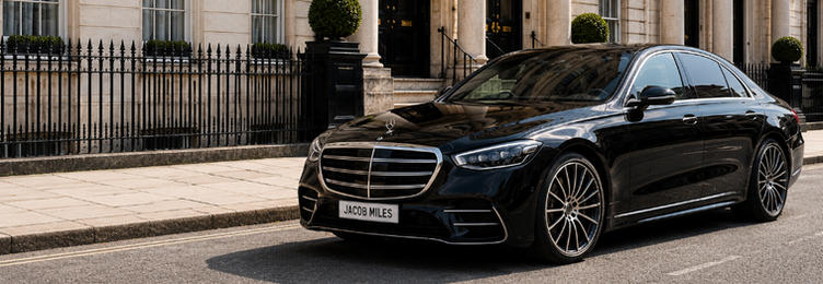 Black Mercedes S-Class executive saloon with JACOB MILES number plate parked before a grand classical stone building with arched windows and columns