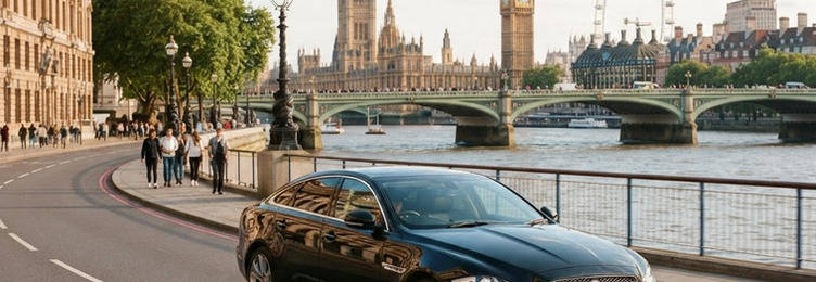 Black executive saloon on a riverside road with the Thames and London bridges in bright natural daylight