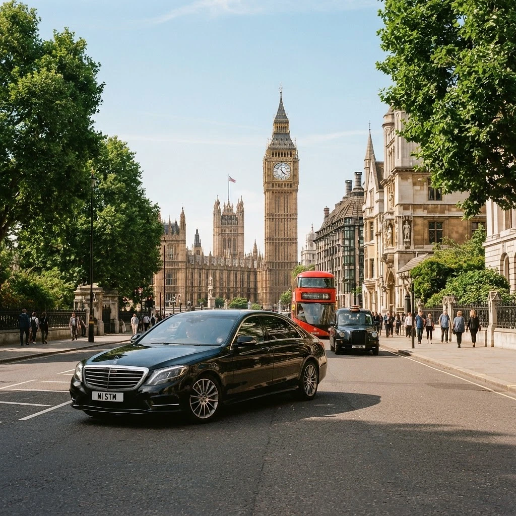 Black executive saloon on a road approaching Westminster with classical government stone architecture and tree-lined streets in bright natural daylight