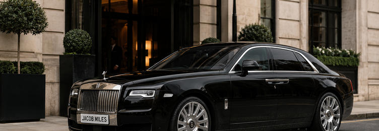 Black Rolls-Royce chauffeur sedan parked outside an upscale London building entrance with awning