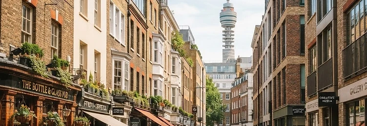 Fitzrovia with bohemian mixed architecture and media office buildings in bright natural daylight