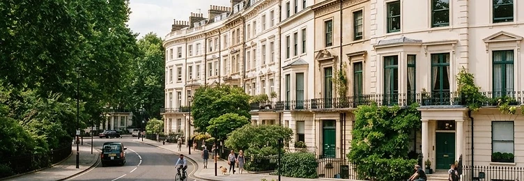 Kensington with elegant Victorian terraces and garden squares in bright natural daylight