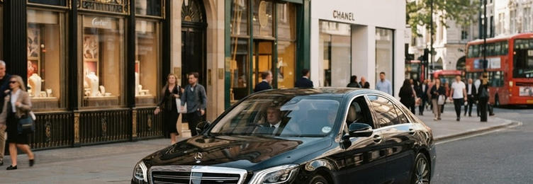 Black executive saloon on a West End street with luxury boutique shopfronts in bright natural daylight