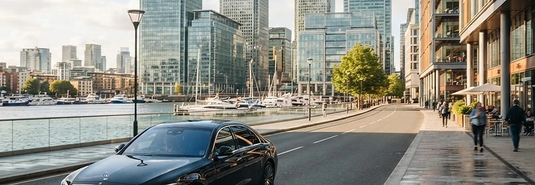 Black executive saloon on a Docklands road with modern waterfront buildings and glass towers in bright natural daylight