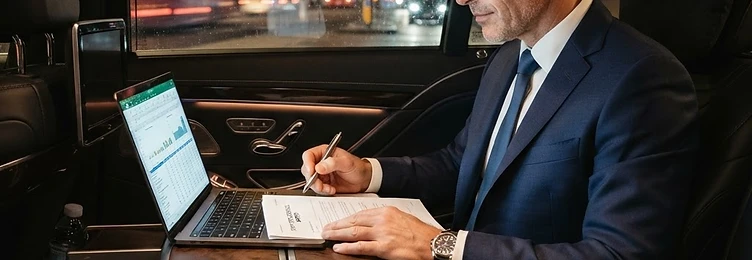 Business executive working on a laptop in the back of a luxury chauffeur vehicle for a London roadshow