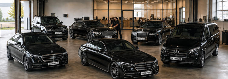 Jacob Miles luxury chauffeur fleet in a showroom featuring Mercedes S-Class, V-Class, Range Rover, Bentley and Rolls-Royce vehicles