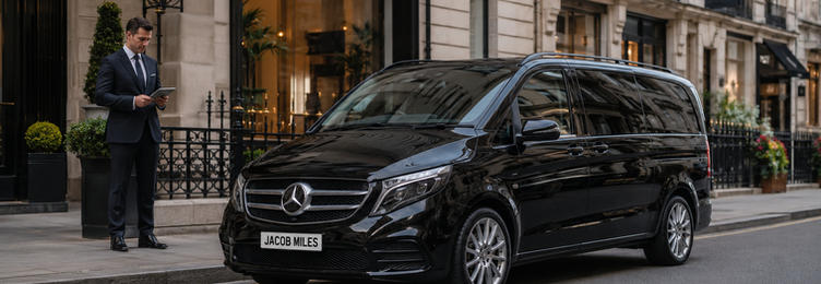 Professional chauffeur in a charcoal suit standing beside a black Mercedes-Benz V-Class on a London street