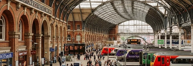 London Victoria Station with classic Victorian station architecture and a bright concourse in bright natural daylight