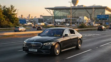 Black Mercedes S-Class chauffeur vehicle heading from Heathrow Airport toward central London in early morning light