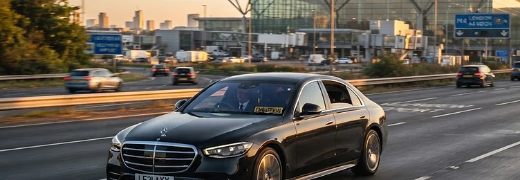 Black Mercedes S-Class chauffeur vehicle heading from Heathrow Airport toward central London in early morning light