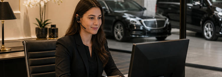 Jacob Miles customer service representative at a desk overlooking a luxury chauffeur vehicle showroom