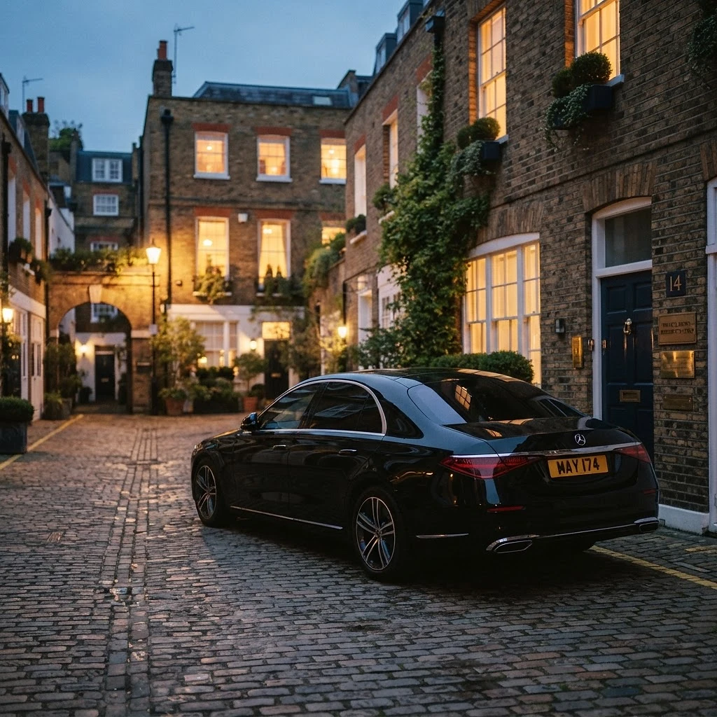 Discreet black luxury sedan with tinted windows parked in a private Mayfair courtyard at dusk for VIP chauffeur service