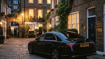 Discreet black luxury sedan with tinted windows parked in a private Mayfair courtyard at dusk for VIP chauffeur service