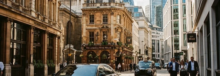 Black executive saloon on a narrow City of London street with ancient stone and modern glass architecture in bright natural daylight