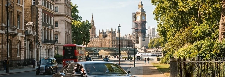 Black executive saloon on a road through south London with classical architecture and green parkland approaching Westminster in bright natural daylight