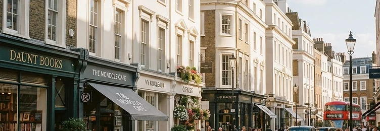Marylebone village high street with Georgian shopfronts and independent storefronts in bright natural daylight