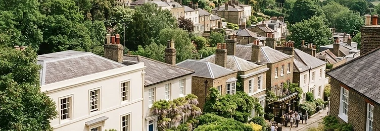 Hampstead with leafy Georgian village houses and mature greenery on a hillside in bright natural daylight